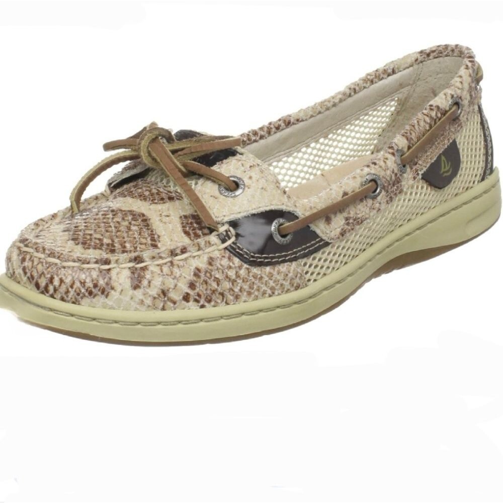 Sperry Cream Brown Leather Snake Skin Look Top Sider Boat Shoes Loafers 8
